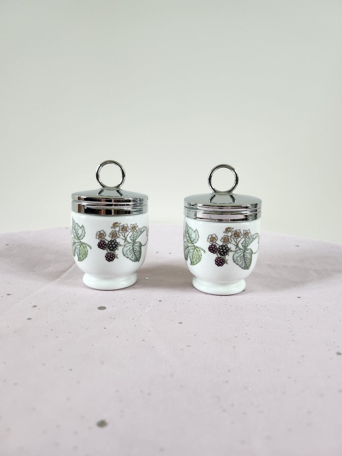 Royal Worcester Blackberry Egg Coddler Pair – Vintage Porcelain, Silver Lids