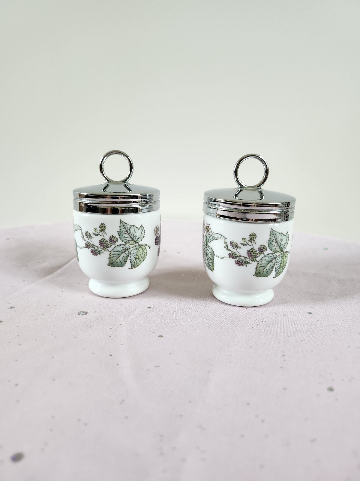 Royal Worcester Blackberry Egg Coddler Pair – Vintage Porcelain, Silver Lids