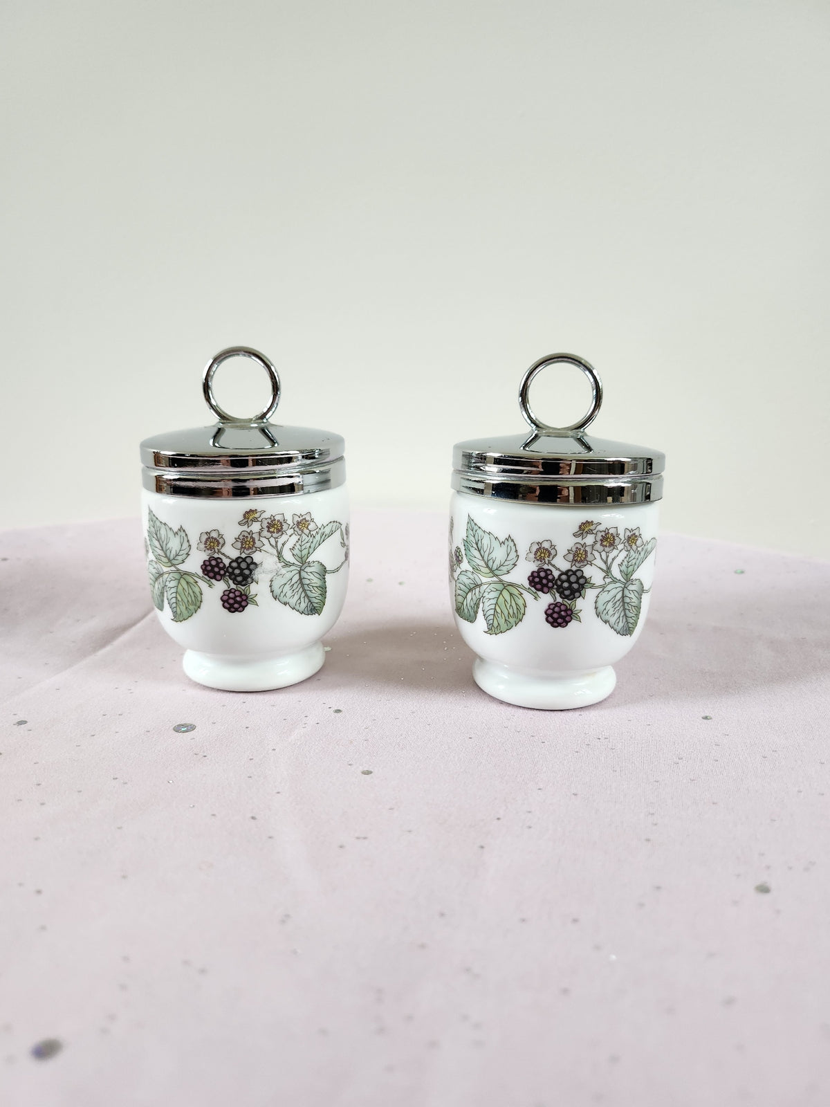 Royal Worcester Blackberry Egg Coddler Pair – Vintage Porcelain, Silver Lids