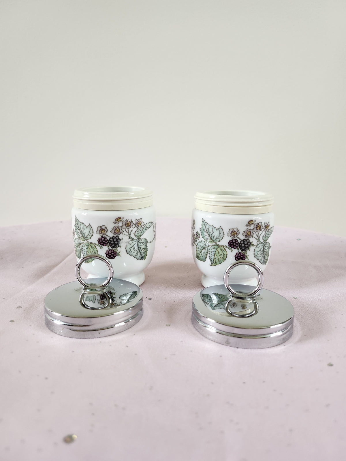 Royal Worcester Blackberry Egg Coddler Pair – Vintage Porcelain, Silver Lids