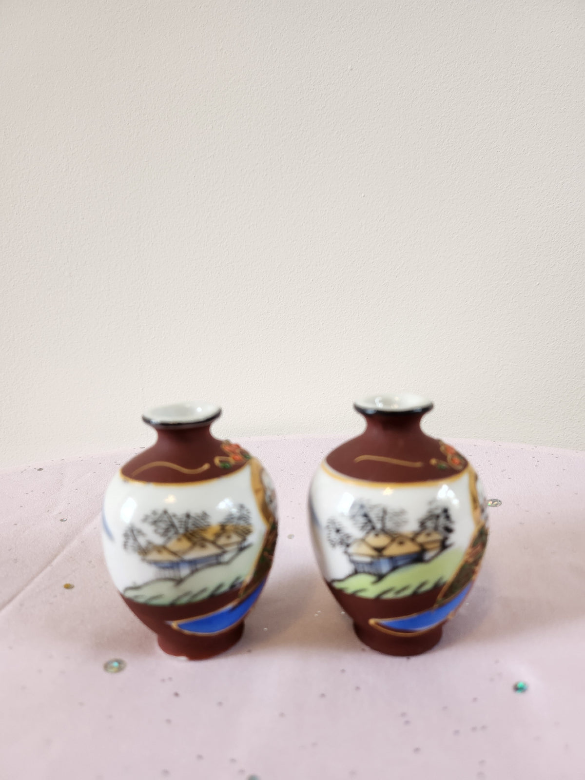 Japanese Miniature Bud Vase Pair – Hand-Painted, Maple Leaf & Elder Figure, Stamped FOREIGN