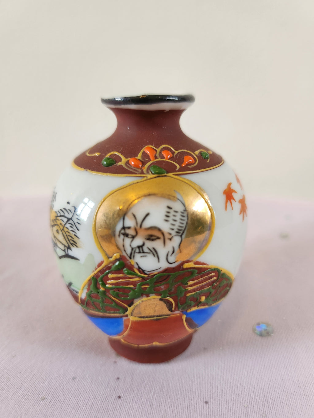 Japanese Miniature Bud Vase Pair – Hand-Painted, Maple Leaf & Elder Figure, Stamped FOREIGN