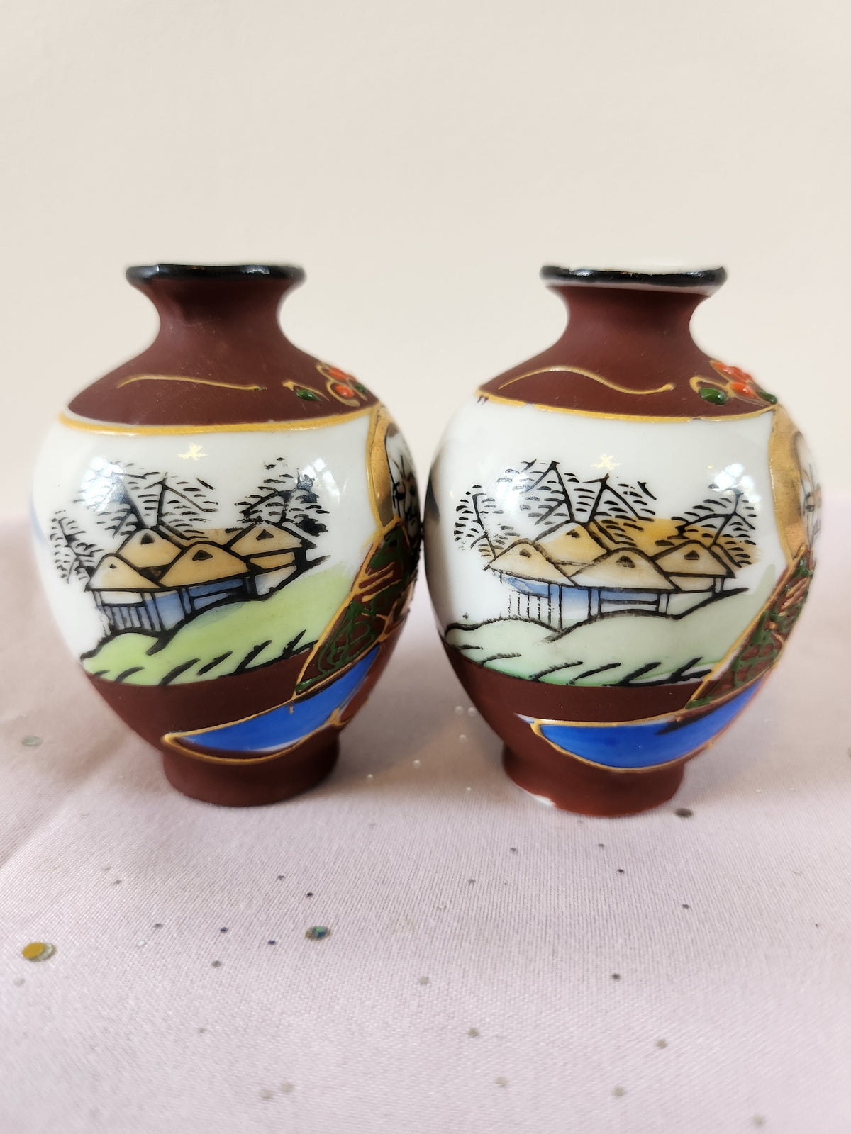 Japanese Miniature Bud Vase Pair – Hand-Painted, Maple Leaf & Elder Figure, Stamped FOREIGN