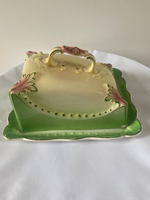 Antique Ceramic Cheese Dish – Victorian Floral, Sage Green & Cream, c.1880–1920