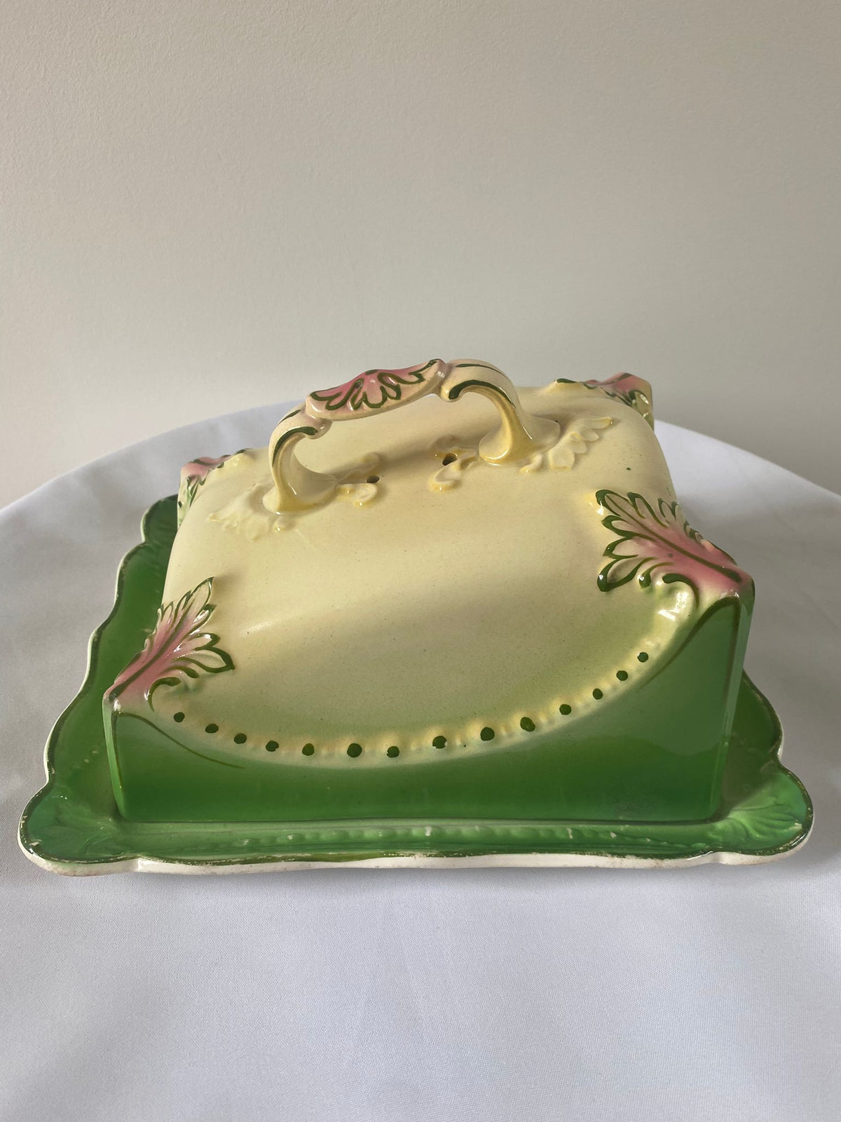 Antique Ceramic Cheese Dish – Victorian Floral, Sage Green & Cream, c.1880–1920