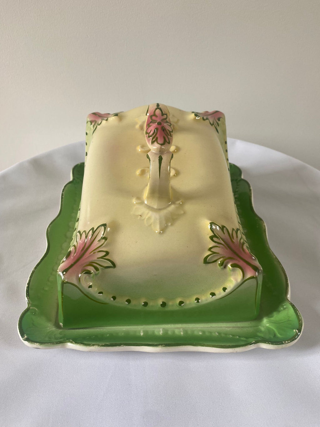 Antique Ceramic Cheese Dish – Victorian Floral, Sage Green & Cream, c.1880–1920