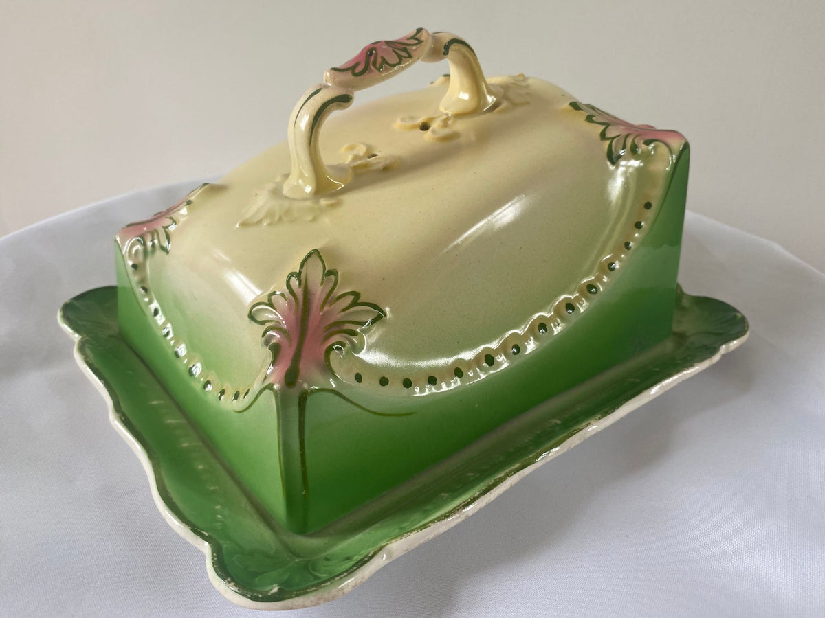 Antique Ceramic Cheese Dish – Victorian Floral, Sage Green & Cream, c.1880–1920
