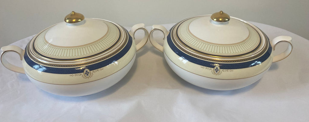 Royal Doulton Challinor Lidded Vegetable Tureens – Pair, Fine Bone China, Cobalt & Gold