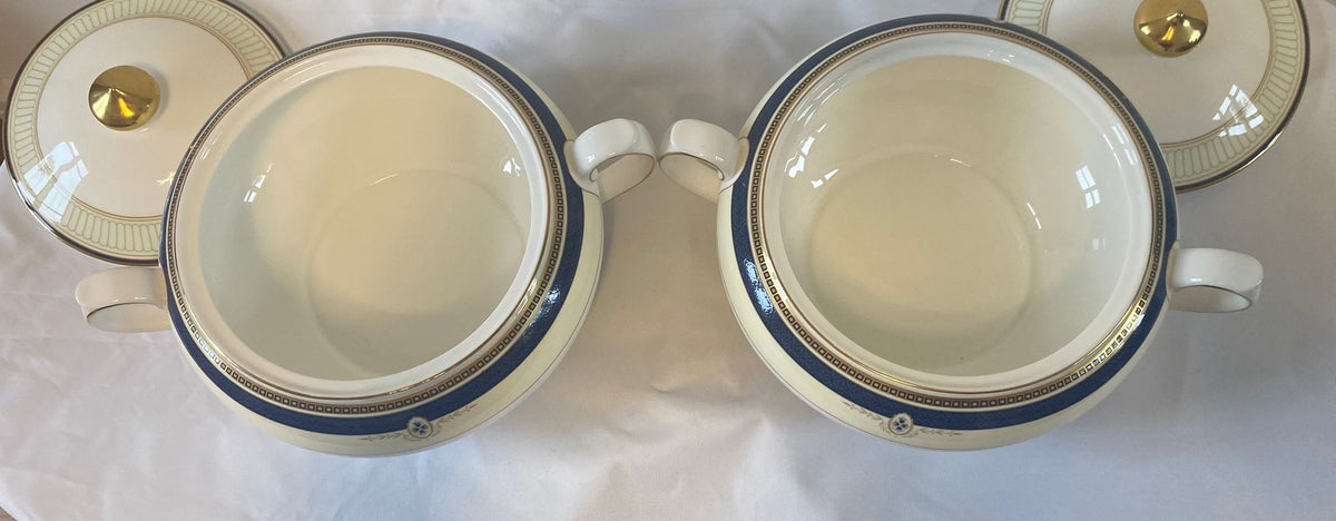 Royal Doulton Challinor Lidded Vegetable Tureens – Pair, Fine Bone China, Cobalt & Gold