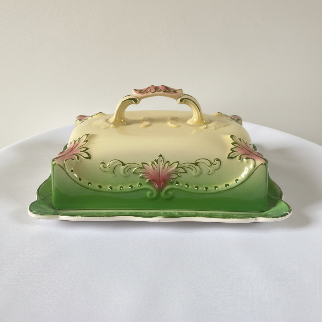 Antique Ceramic Cheese Dish – Victorian Floral, Sage Green & Cream, c.1880–1920