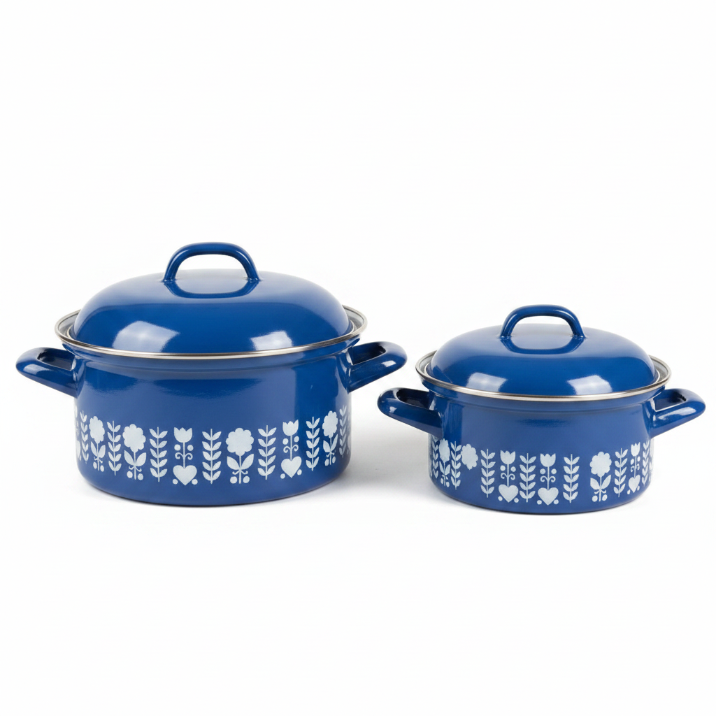 Herma Vintage Enamel Casserole Set – Cobalt Blue Folk Floral, West Germany