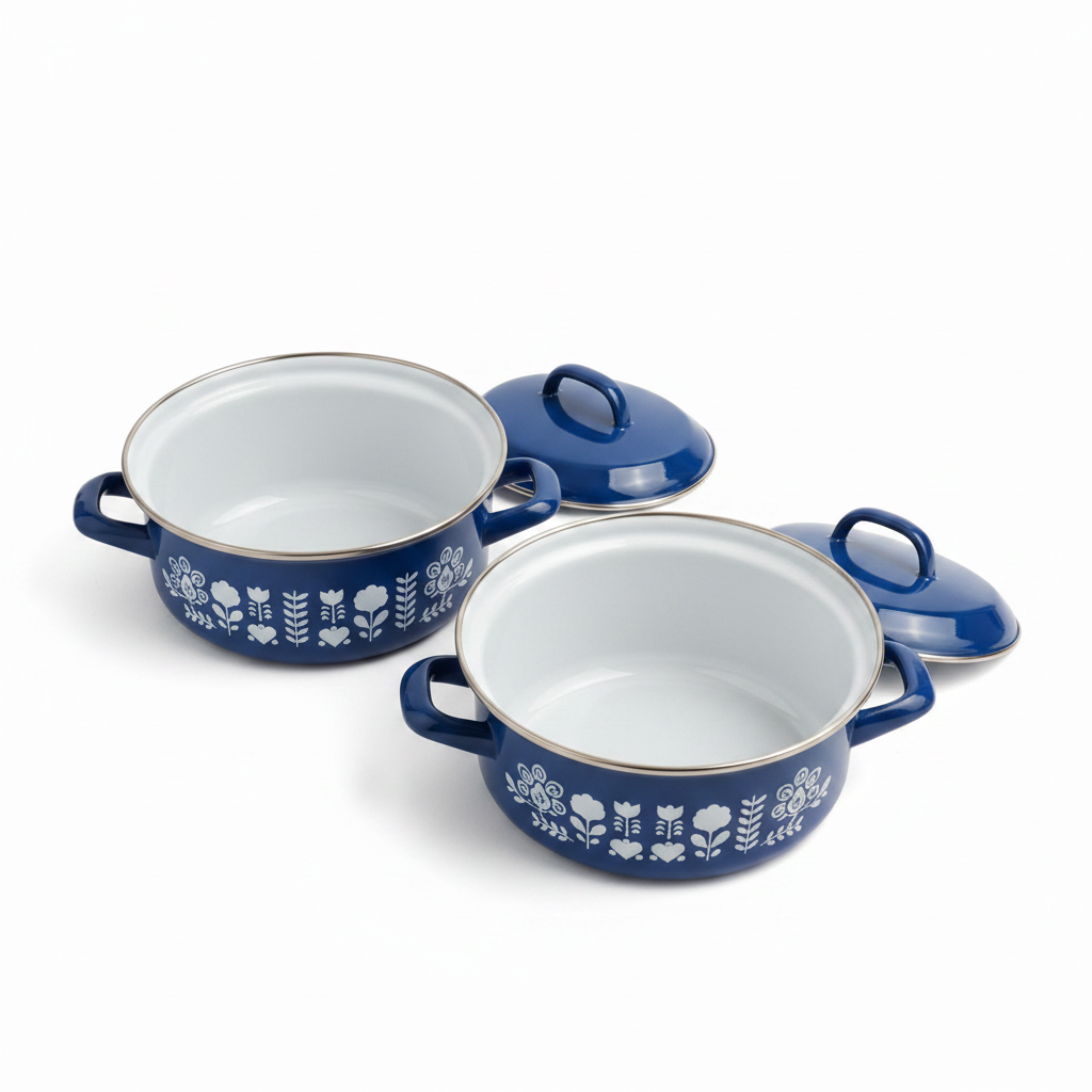 Herma Vintage Enamel Casserole Set – Cobalt Blue Folk Floral, West Germany