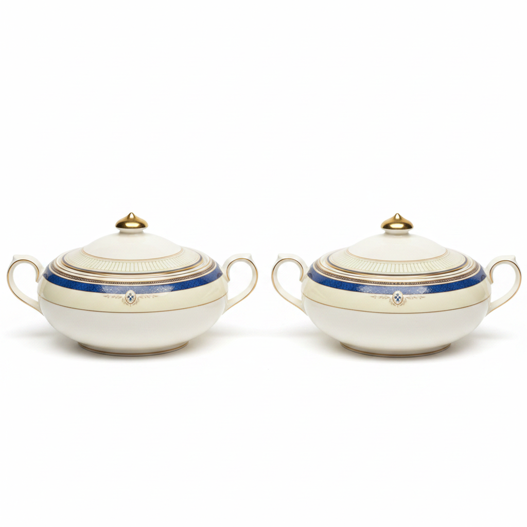 Royal Doulton Challinor Lidded Vegetable Tureens – Pair, Fine Bone China, Cobalt & Gold