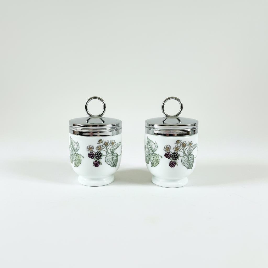 Royal Worcester Blackberry Egg Coddler Pair – Vintage Porcelain, Silver Lids