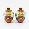 Japanese Miniature Bud Vase Pair – Hand-Painted, Maple Leaf & Elder Figure, Stamped FOREIGN