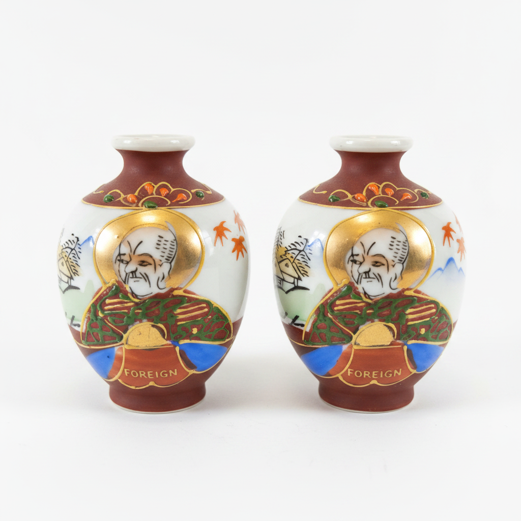Japanese Miniature Bud Vase Pair – Hand-Painted, Maple Leaf & Elder Figure, Stamped FOREIGN