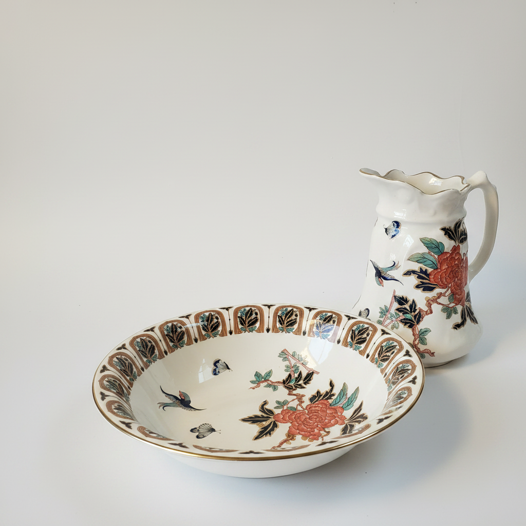 Vintage James Kent Old Foley Wash Bowl & Jug Set – Floral Chinoiserie – Made in England